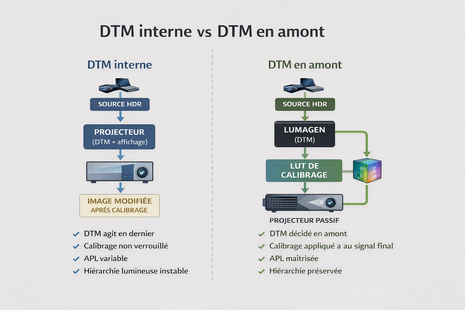 Schéma comparatif DTM interne JVC vs DTM en amont Lumagen montrant la différence d’architecture et de calibrage après tone-mapping en projection HDR.